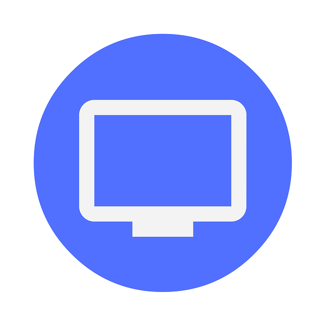 bílé logo monitoru v modrém kruhu